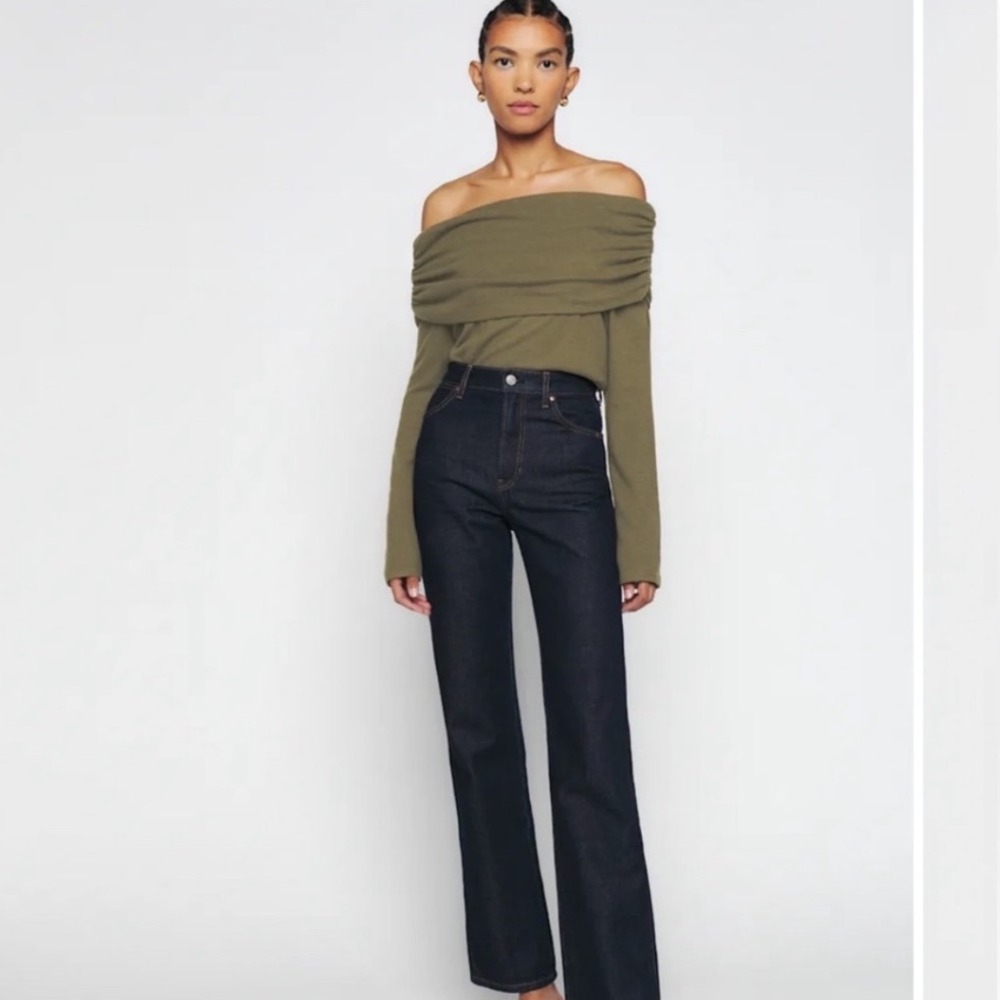Reformation Azura Olive Green Off The Shoulder Ruched Top Size L